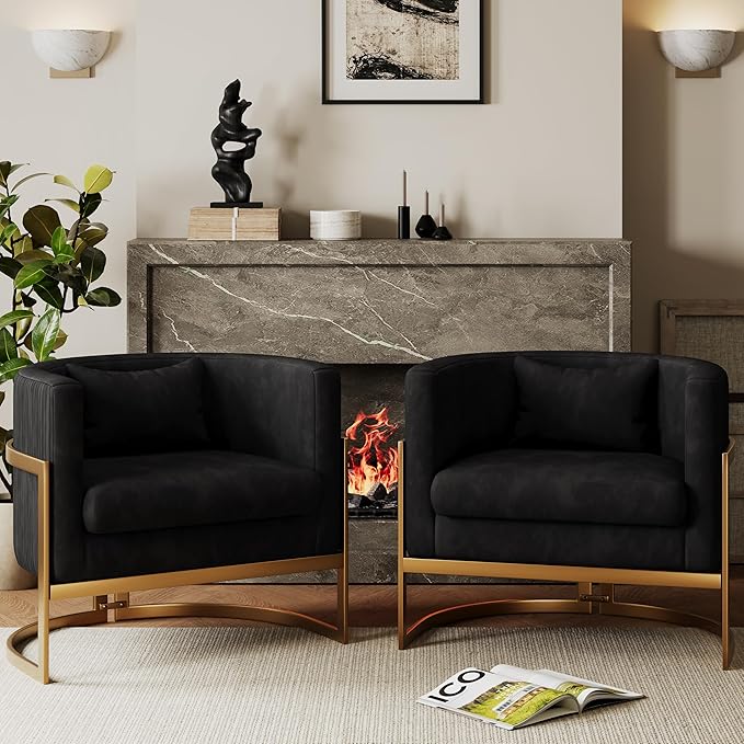 Alunaune Upholstered Velvet Accent Chair Barrel Chair Modern Armchair Living Room Lounge Chairs Sofa Tub Bucket Club Chairs for Bedroom-Black
