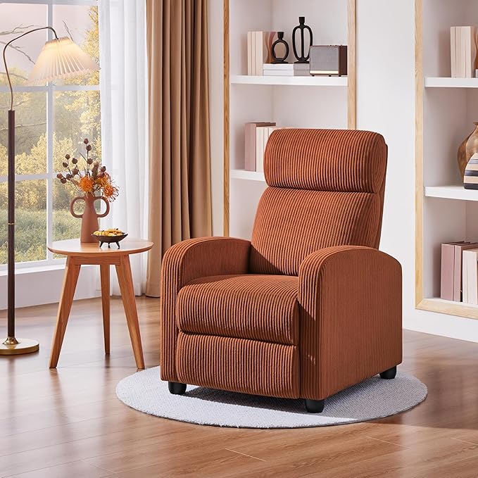 Yaheetech Corduroy Recliner Chair Single Sofa Home Theater Seating Adjustable Modern Reclining Chair for Living Room Bedroom Home Theater Brick Red