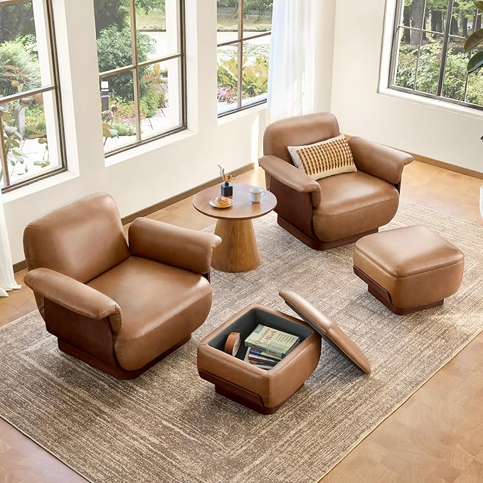 CHITA Genuine Leather Swivel Chair with Storage Ottoman Modern Living Room Accent Chair with Lounge Seat for Bedroom Office Saddle