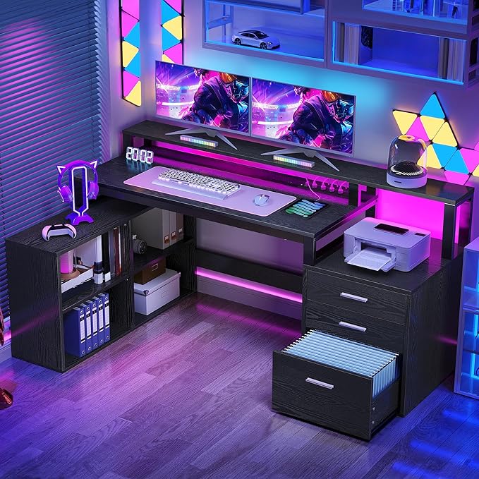 YITAHOME L Shaped Desk with 3 Drawers 65 Corner Computer Desk with Power Outlets &amp LED Lights L-Shaped Desk with File Cabinet &amp Printer Stand for Home Office Black