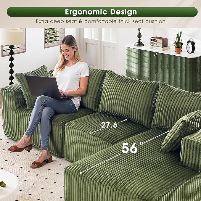 WorthFurni Cloud Modular Sofa Couch with L-Shape ChaiseModern Sectional with Deep Seat Upholstered Couches for Living Room BedroomNo Assembly Required Plush Corduroy Fabric 102(Green)