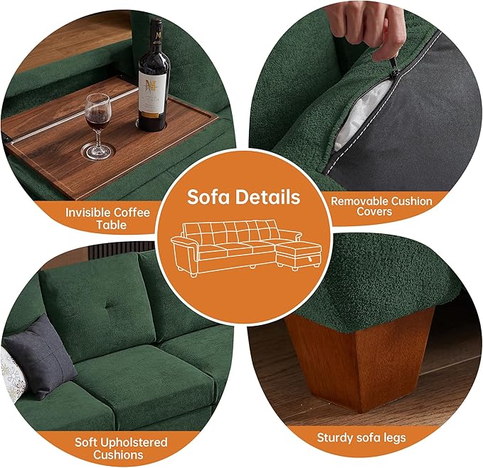 4-Seat Sectional Couches for Living Room Bedroom Office L Shape Convertible Sectional Sofa Couch with Ottoman and Cup Holders Green