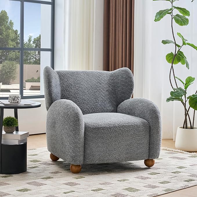 Christopher Knight Home Aiden Boucle Wingback Accent Chair Fabric Upholstered Club Chair with Wooden Frame Comfy Reading Chair for Living Room/Bedroom Dusty Blue+Walnut