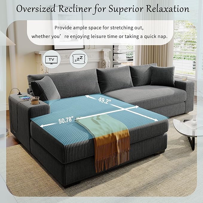 Ball &amp Cast Oversized L-Shaped Sectional Sofa with ChaiseLarge Comfy Upholstered Couch W/Thick CushionBuilt-in Cup Holders &amp Charging PortsWide &amp Thick Armrests &amp Seat Designfor Li