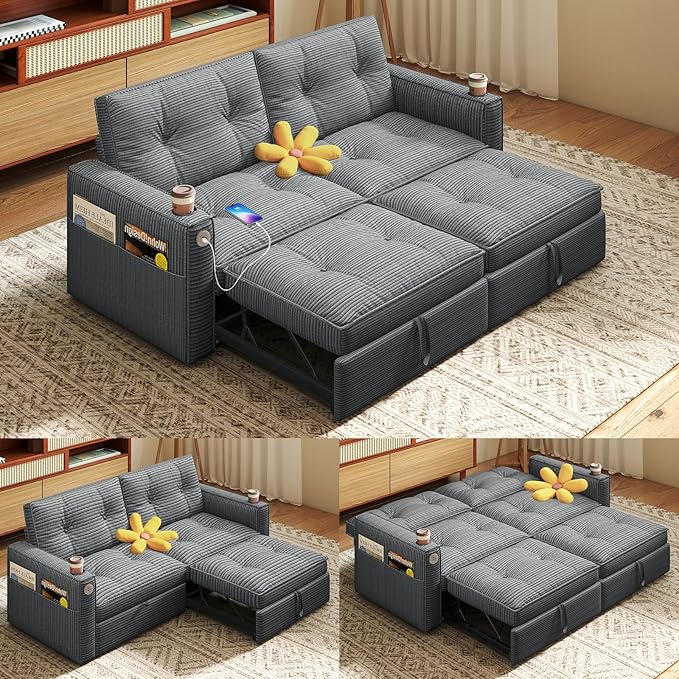 Rovibek 73.2 Convertible Sofa Bed Pull Out Couch with USB Charging Port &amp Cup Holders Adjustable Backrest Side Pockets Modern Corduroy Sleeper Sofa for Living Room Bedroom Apartment Grey
