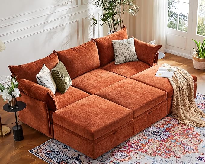 ABCASA 102.6 Luxury Modular Sleeper Sofa Bed 6 Seat Reversible Sectional Couch Deep Seat with Storage Chaises Removable Cover for Living Room Apartment - Chenille Terracotta Orange