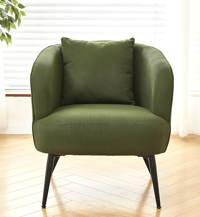Modern Channel Corduroy Accent Chair with Black Metal Legs Luxurious Design and Comfortable Seating Ideal for Living Room Bedroom or Office Green