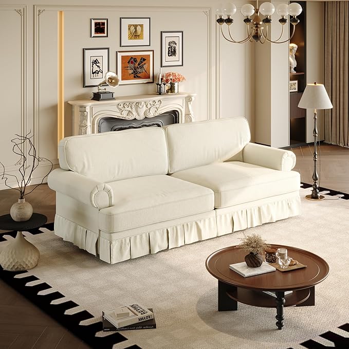 74'' Mid Century Sofa with Pleated Skirt Chenille Cloud Sectional Couch Comfy Love Seat Couches Deep Seat Rolled Arm Vintage Loveseat Sofa for Living Room Apartment Beige