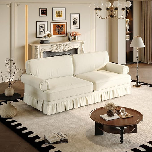 74'' Mid Century Sofa with Pleated Skirt Chenille Cloud Sectional Couch Comfy Love Seat Couches Deep Seat Rolled Arm Vintage Loveseat Sofa for Living Room Apartment Beige