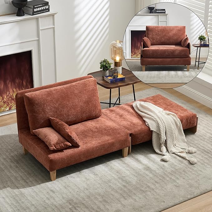 Mid-Century Modern Accent Chair 2-in-1 Foldable Sofa Couch Convertible Sleeper Bed Extra Wide Upholstered Armchair with 3 Pillows &amp Side Pocket for Living Room Bedroom (Orange)