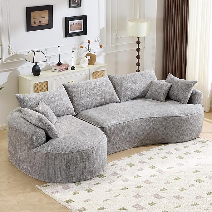 126” Oversized Curved Sectional Sofa L Shaped Chenille Boneless Couch with Deep Seat &amp 7 Pillows for Living Room Bedroom No Assembly Required (Grey)