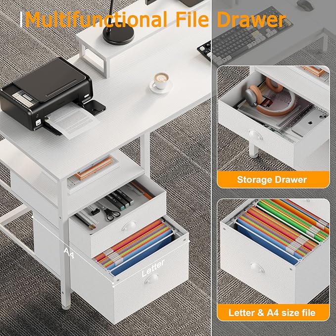 Furologee 66” L Shaped Desk with Power Outlet Reversible Computer Gaming Desk with File Drawer &amp 2 Monitor Stands for Home Office with Storage Shelves White