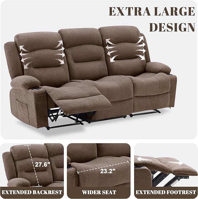Oversized Recliner Sofa with Massage and Heat Large Big 3-Seater RV Recliner Couch Sofa for Living Room Wall-Hugger Reclining Sofa with Cup Holders and USB Port (Fabric Brown)