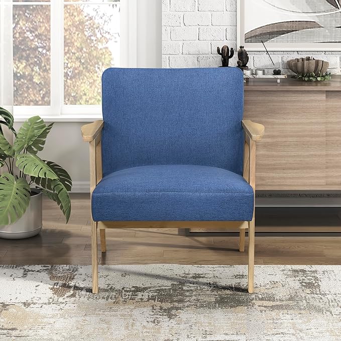 Lexicon Mid Century Modern Accent Chair Upholstered Lounge Armchair Single Sofa Seat Natural Finish Solid Wood Framed Comfy Side Chairs for Living Room/Bedroom/Office/Waiting Area Blue
