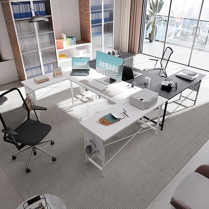 Pamray 71 Inch Large Computer Desk with Power OutletsU Shaped Corner Desk for Home Office Work and Gaming White