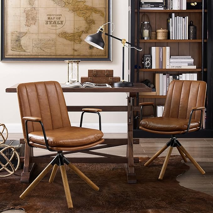 Art Leon Desk Chair No Wheels Set of 2 Mid Century Modern Swivel Chair with Oak Wood Legs Faux Leather Home Office Desk Chairs for Bedroom Living Room Yellow Brown