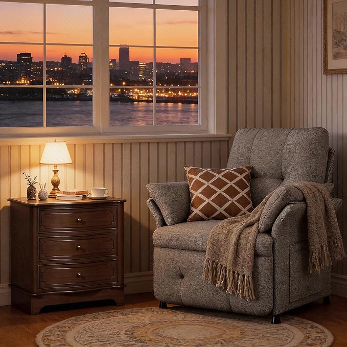 Power Recliner Chair for Adults with Heat &amp Massage - Linen Electric Reclining Sofa with Remote Control 3 Side Pockets 180° Lay Flat Sleeper for Living Room Home Theater Dark Grey