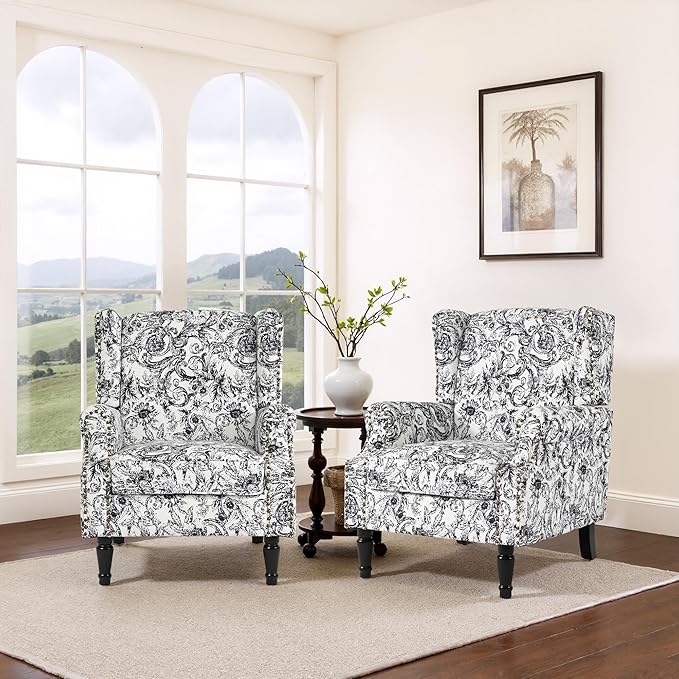 Wingback Chair High Back Floral Accent Chair in Fabric Comfy Upholstered Armchair with Nailhead Trim for Living Room Single Sofa Reading Chair for Small Spaces Bedroom-Rococo Black