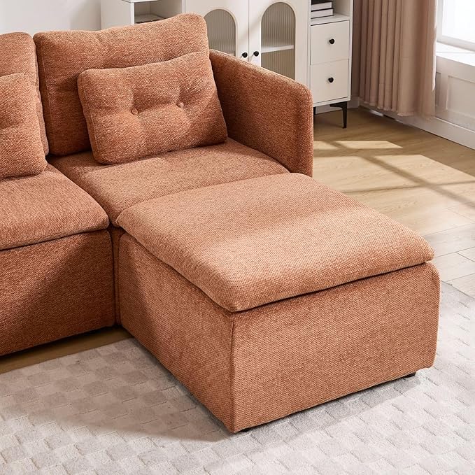 LukeAlon Chenille 56.5 Loveseat Sofa with Waist Pillow Modular Sectional Sofa Couch with Ottoman Comfy 2 Seater Lounge Sleeper Couch Sofa for Apartment Living Room Office Light Brown