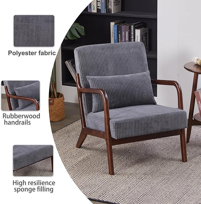 JOYBASE Mid Century Modern Accent Chair Lounge Reading Armchair with Wood Frame for Living Room Office Bedroom (Polyester Fabric Antique Grey)