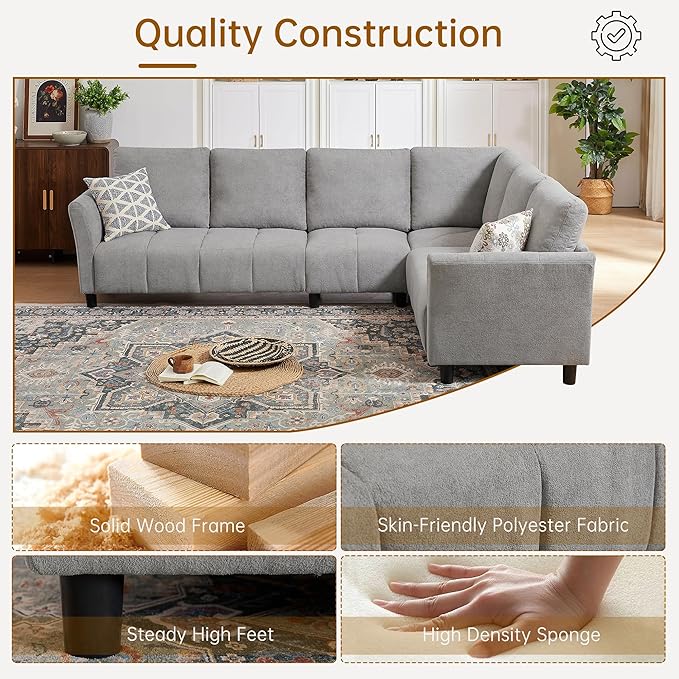 Convertible Sectional Sofa L Shaped Couch with Removable Washable Covers 6 Seat Sofa Couch with Friendly Fabrics Modern Corner Sofa for Living Room Apartment Office Light Grey