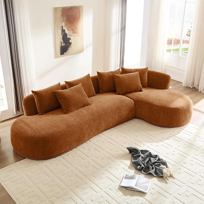 kevinplus 134.63'' Large Sectional Curved Sofa Couch with Chaise Lounge for Living Room Oversize L-Shape Modern Sectional Sofa Couch Wood Structure &amp Easy Assembly (Right-Facing Orange)