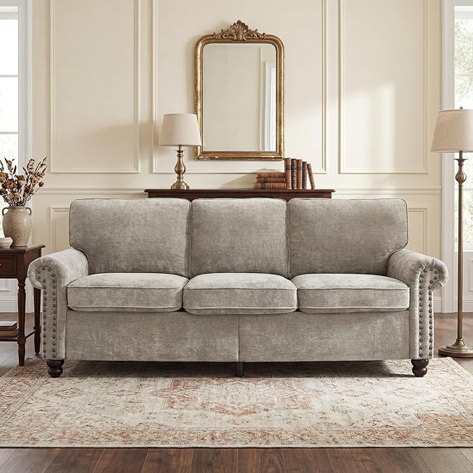 81.5 Rolled Arms Sofa Classic Couch with Nailhead Trim 3-Seater Sofa with Springs Deep Seat Cushion &amp Wooden Legs Comfy Vintage Couch for Living Room Apartment Farmhouse Grey Beige | Rolled