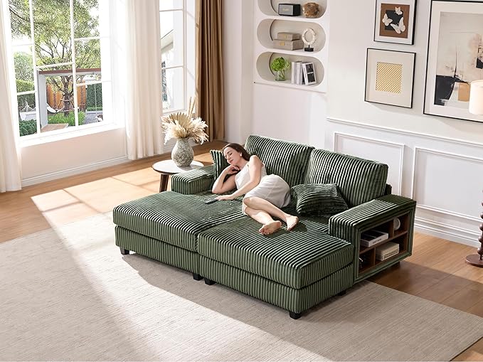 79.5 Oversized Corduroy Modular 2-Seat Sectional Couch with Extra-Wide Armrest Storage and Double Chaise Lounge Modern Convertible Sleeper Sofa for Living RoomGreen