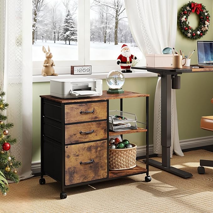 DEVAISE 3 Drawer Mobile File Cabinet Rolling Printer Stand with Open Storage Shelf Fabric Lateral Filing Cabinet fits A4 or Letter Size for Home Office Rustic Brown Wood Grain Print