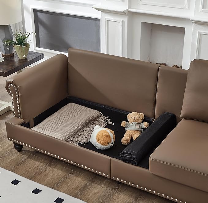 2 Pieses Living Room Sofa Sets Faux Leather Couch and Loveseat with Nailhead Decor Soild Wood Legs Rolled Armrests &amp Storage 2PCS Sofas 3 Seaters Couch and Love Seat for Living Room Furniture S
