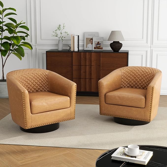 Swivel Barrel Accent Chair Comfy Modern Upholstered Round Faux Leather Arm Chair for Living Room Bedroom（Coffee Set of 1