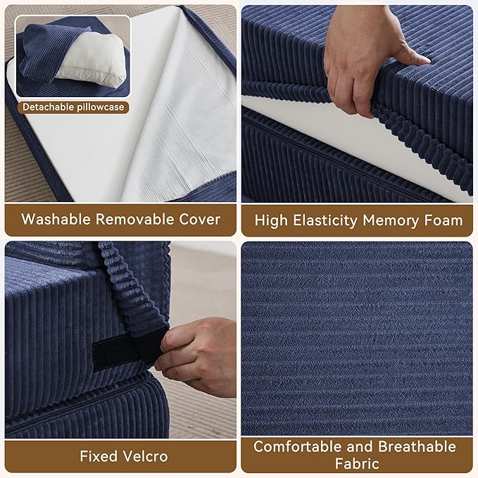Folding Sofa Bed Convertible Floor Couch Foldable Chair Bed with PillowLinen Sleeper Chair FutonFoldable Memory Foam Mattress for Bedroom/Living Room/Dorm/Office (Corduroy Navy Standard)