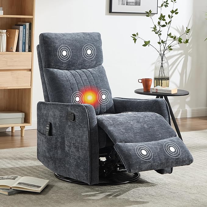 Manual Swivel Rocker Recliner Chair for Adults Overstuffed Reclining Glider Chair for Nursing with Vibration Massage &amp Heat Living Room Rocking Recliner 2-Stage backrest Chenille Fabric Blue