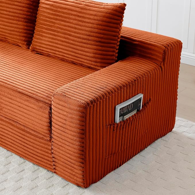 73 Convertible Sofa Bed 2 in 1 Corduroy Folding Couch with Pillows No Assembly Boneless Compression Sofa in Box Loveseat with Side Storage Pocket for Apartment Living Room Orange