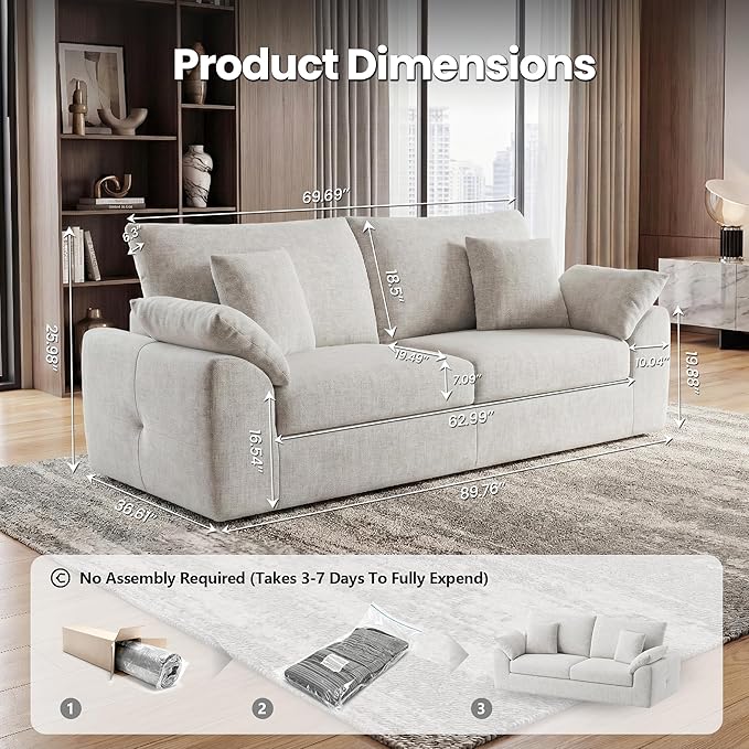 89.8 Modern Loveseat Sofa for Living Room Cloud Boneless Couches with 4 Pillows Mid Century Loveseat couches for Small Place No Assembly Required Beige