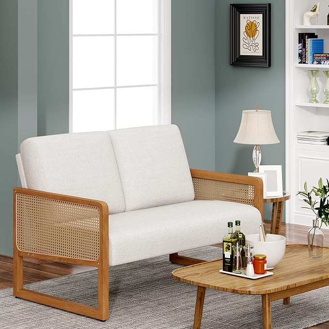 Small Loveseat Sofa with Rattan Arms Linen Mini Couch for Living Room Bedroom Modern Upholstered Love Seat with Wood Legs Ivory