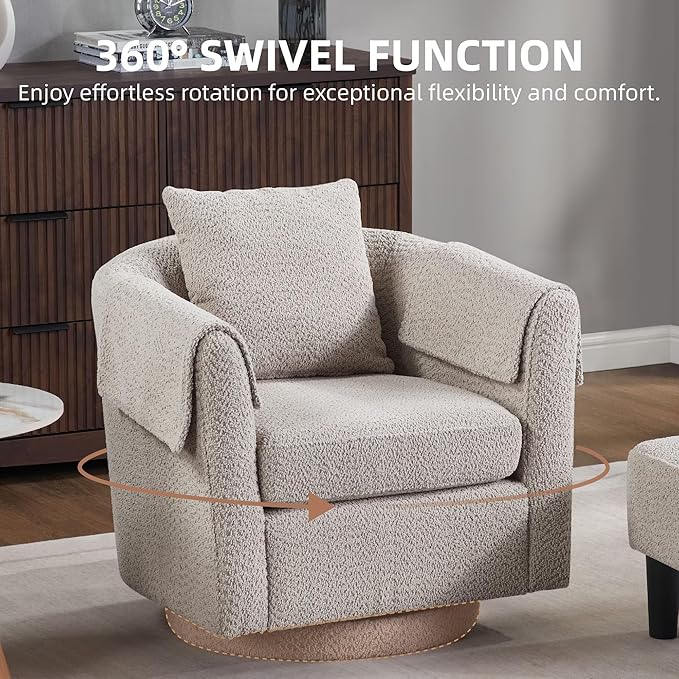 Gray Swivel Accent Chair with Ottoman 360° Barrel Chairs with Foot Stool Comfy Reading Chair with Removable Pillow &amp 2 Armrest Covers for Living Room Small Spaces Bedroom Chenille (Gray)
