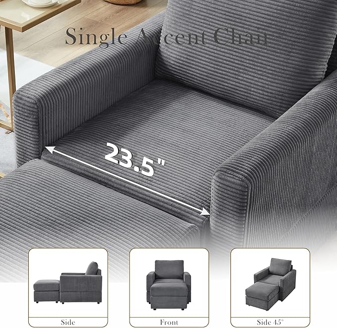 Aoiy &amp Wifon Accent Chair with Ottoman Upholstered Reading Chair with Ottoman Comfy Armchair with Wooden Legs Corduroy Grey