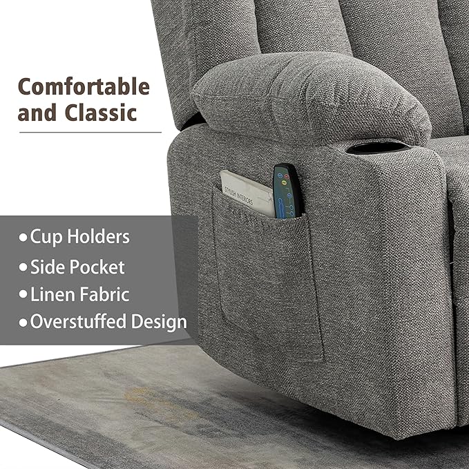 Rocker Swivel Recliner Chair for Adults Overstuffed Large Manual Recliner Glider with Massage and Heat Comfy Soft Fabric Living Room Reclining Sofa Chair (Lime Gray)