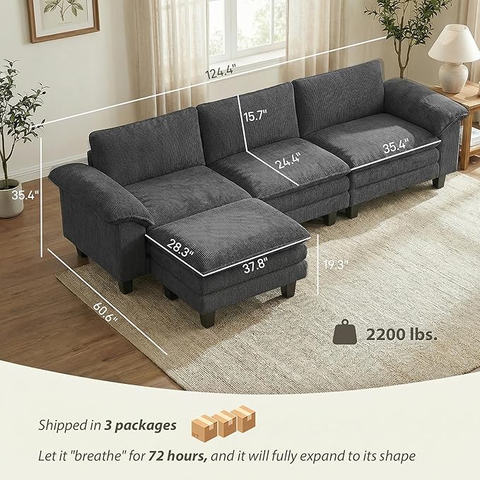 HOMCOM Modular Sectional Sofa Couch 124 Oversized L Shape Sectional Cloud Couch with Deep Seat Movable Ottoman and Pillow-top Armrests for Living Room Bedroom and Apartment Dark Gray | Deep seat