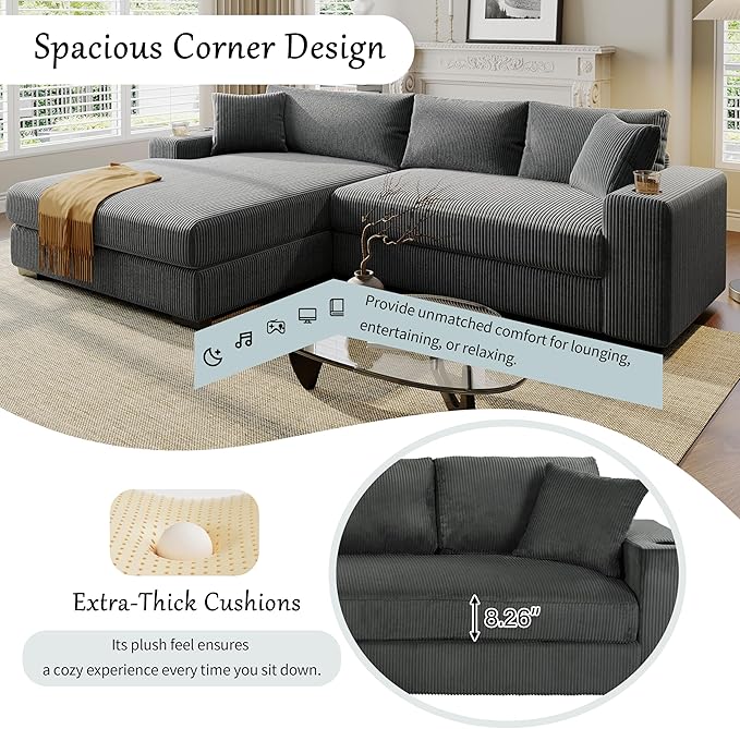 WILLIAMSPACE 111.5 Sectional Sofa Couch with Large Chaise Modren Upholstered L-Shape Sofa Comfy 3 Seater Couch with Cup Holders &amp Charging Ports for Living Room Corduroy (Left-FacingGray)