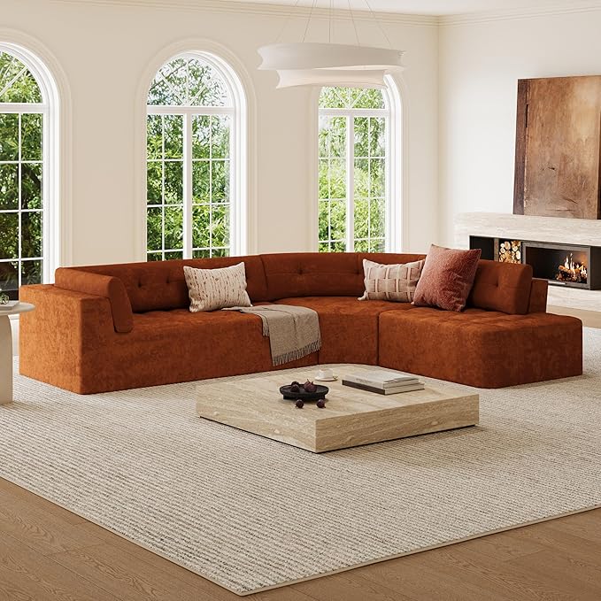 119'' Sectional Sofa Curved L-Style Right-Hand Facing Couch with Fully Upholstered Arms Tufted Design Modern Minimalist Look Dark Orange
