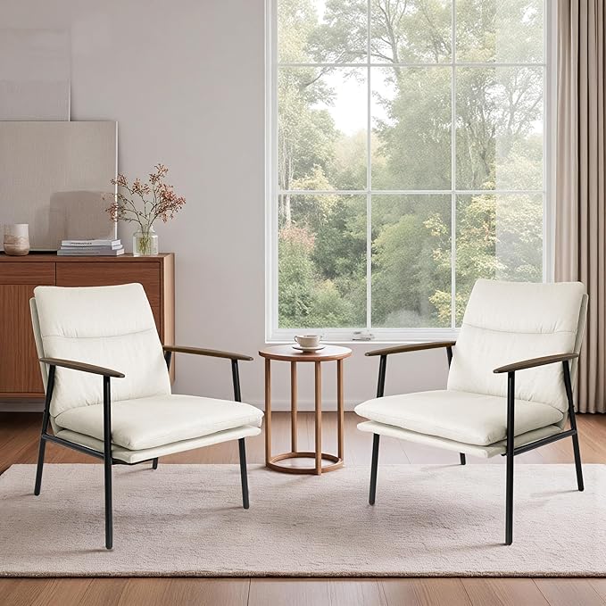 Zouron Upholstered Accent Chair with Metal Frame Modern Living Room Reading Chair with Wooden Armrests and Cushion Back Beige