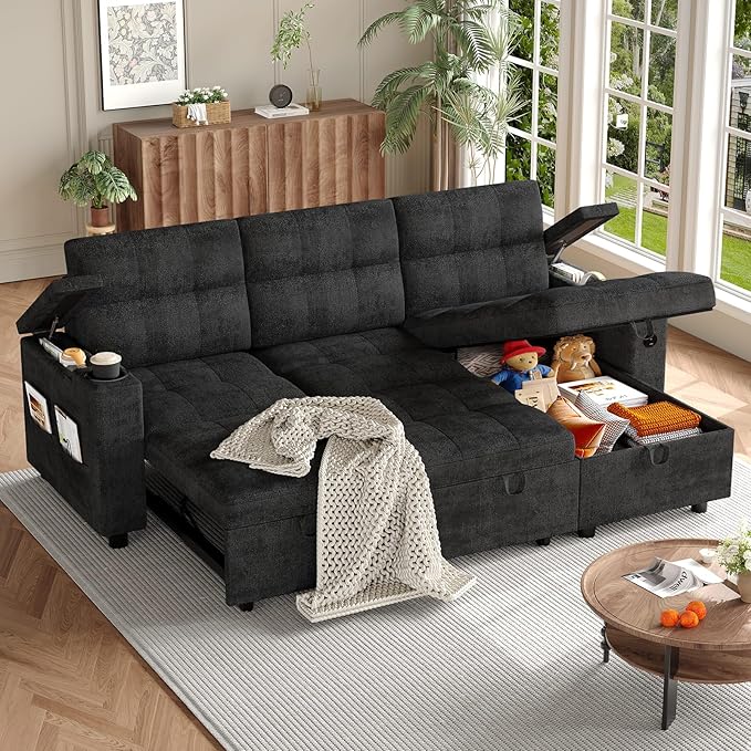 Garvee Couches for Living Room 84'' Sofa Bedl-Shaped Sectional Sleeper Sofa with Pull Out BedReversible Storage Chaises Hidden Storage ArmrestsCup Holders &amp USB Charging Ports