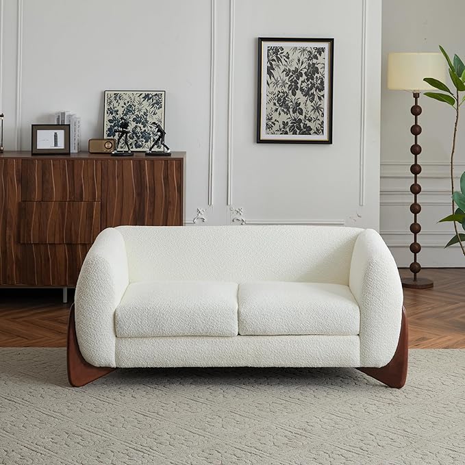 Christopher Knight Home Alma 63 Boucle Loveseat with Wood Legs 2 Seater Sofa Couches for Living Room Upholstered Couch Chair Soft Seating Lounge Sofa Chair Cozy Loveseat with Armrest Beige