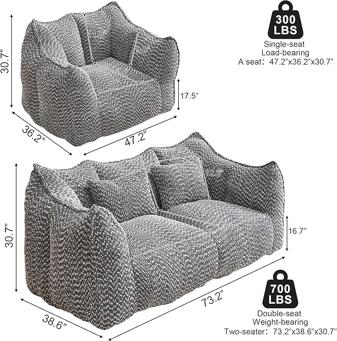 3 Piece Sofa Set 73.2 Inch Loveseat Sofa and 2 Units 47.2 Inch Single Sofa Comfy Chairs with Scratch-Resistant Pet-Friendly Chenille No Assembly Required Light Grey