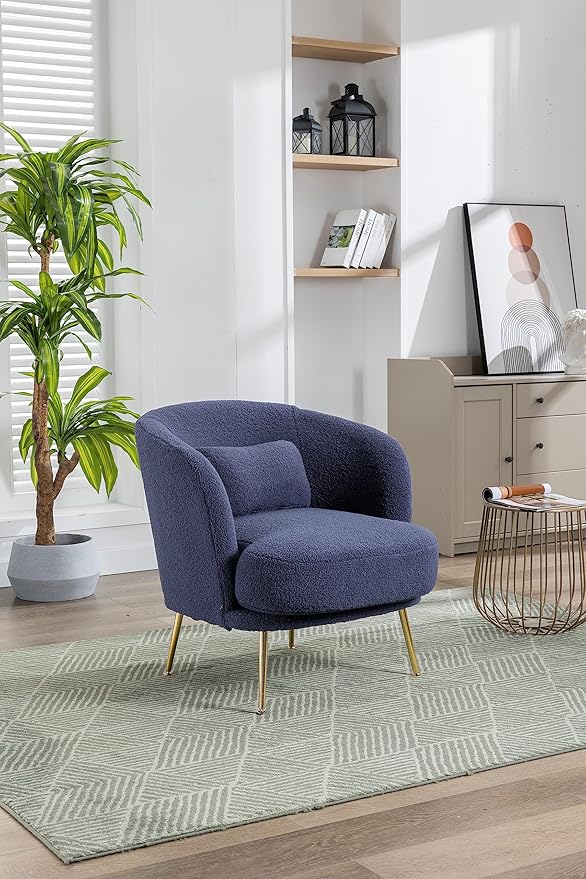 Generic 30.32 W Accent Chair Upholstered Curved Backrest Reading Chair Single Sofa Leisure Club Chair with Golden Adjustable Legs for Living Room Bedroom Dorm RoomNavy Boucle