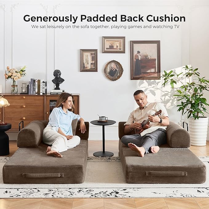 5-in-1 Convertible Sofa Bed | 79 Fixed Frame with High-Resilience Memory Foam Easy Setup | Durable Corduroy Converts to Full Bed Great for Family Living Room (Brown)