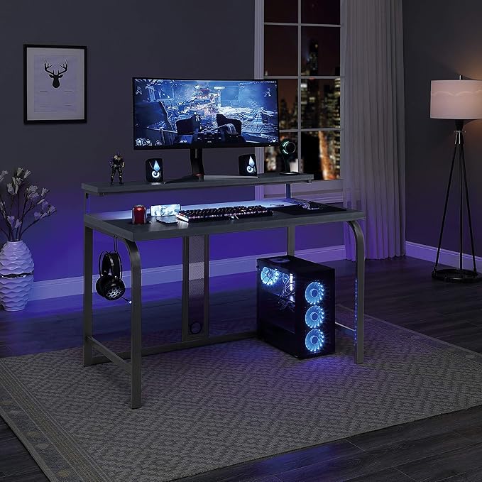 OSP Home Furnishings Reload Gaming Desk with Wireless Charging USB Power Hub and Remote Controlled RGB LED Lights Matte Grey Carbon Fiber