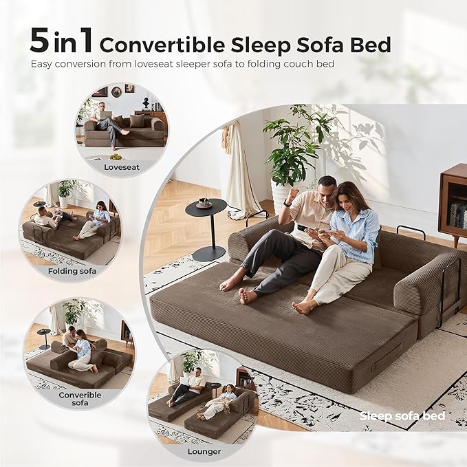 79'' Convertible Sofa Bed 5-in-1 Folding Corduroy Sleeper Couch with Pull Out Bed Oversized Modular Floor Sofa No Assembly Space-Saving Guest Bed for Apartment Living Room Bedroom (Brown) | Conver